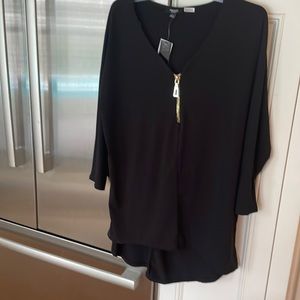 Black top with gold zipper, size large, three-quarter sleeves, new with tags